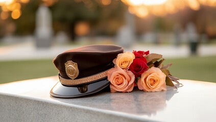 A police officer's cap rests on a granite surface, adorned with a bouquet of roses, a solemn tribute