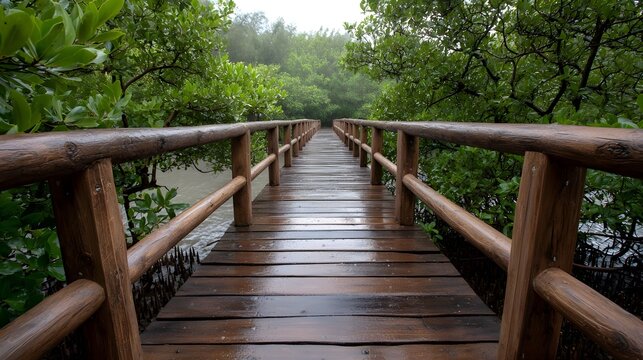 A wet wooden boardwalk winds through a lush green mangrove forest on a misty overcast day - Powered by Adobe