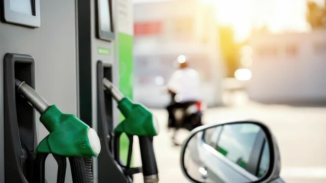 Fuel pumps at gas station with car in background, focus on green nozzles