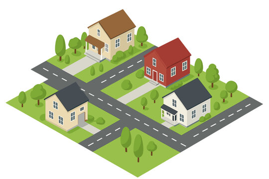 Isometric suburban residential area featuring four detached houses and intersecting roads