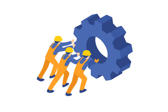 Maintenance workers in safety gear pushing a huge mechanical cog symbolizing industrial teamwork
