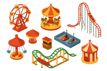 Isometric amusement park rides collection including Ferris wheel, roller coaster, carousel, and bumper cars © Andrei