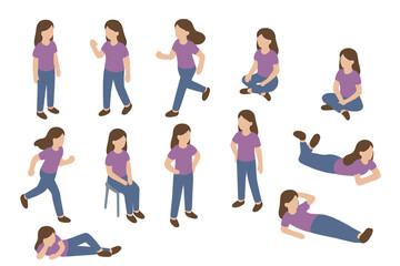 Isometric young woman character poses standing running sitting and lying down © Andrei