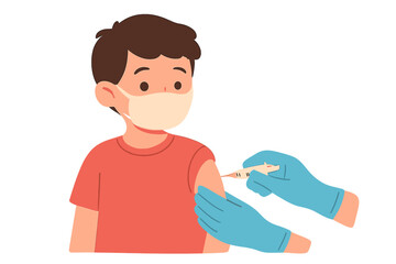 Child wearing face mask receiving vaccine injection from healthcare worker