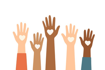 Diverse group of raised hands with varying skin tones and heart shapes symbolizing unity and charity