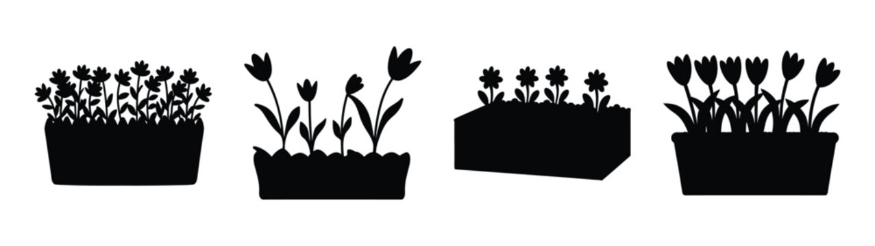 Diverse flower beds collection silhouette four black pots filled with blooming plants