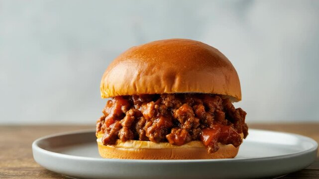 Hand gripping homemade sloppy joe on plate