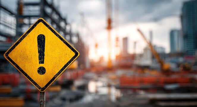 A yellow diamond-shaped Under Construction warning sign in the foreground with a blurred industrial building site in the background. High quality