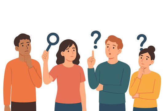 Four diverse individuals pondering problems, searching for solutions, and expressing confusion