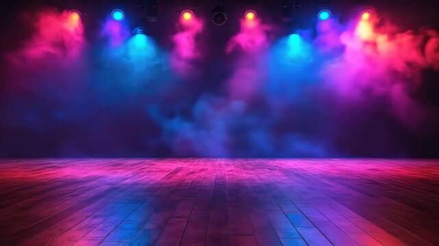 A stage with wood flooring is illuminated with red, blue, and pink lights against smoke
