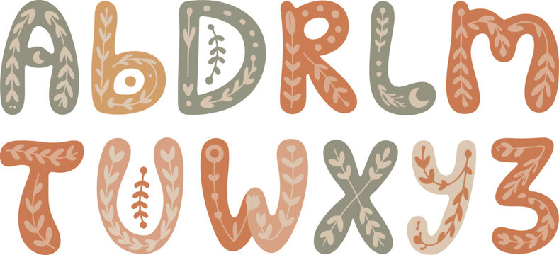 Boho style alphabet letters with floral and decorative elements