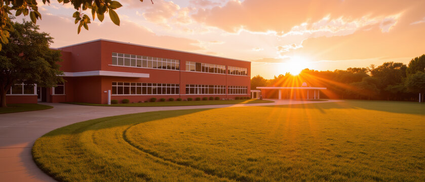 Beautiful sunset illuminates modern building surrounded by lush green grass, creating serene and inviting atmosphere - Powered by Adobe