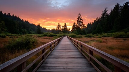 Fototapeta premium A wooden boardwalk meanders through a marshy landscape towards a vibrant sunset framed by trees