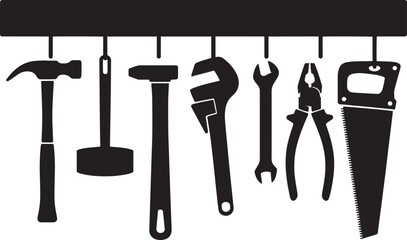 Working tools hanging on wall hammers wrench pliers and saw on transparent background