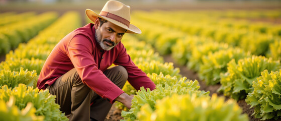 Farmer in straw hat tends to vibrant green lettuce in sunny field, showcasing dedication and connection to nature