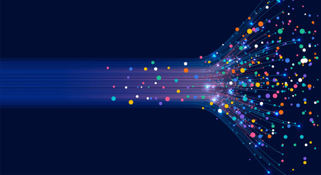 Multicolor digital light stream merging into a bright burst with glowing particles on a dark background, suitable for technology themes, data flow, cyber motion, and futuristic graphic design.