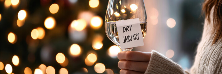 Dry January Theme with Festive Glass of Water for Alcohol Free Celebration Healthy Month
