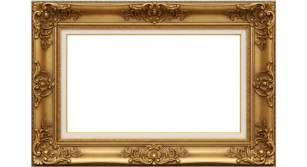 Ornate antique gold picture frame with decorative carvings and white mat isolated on a transparent background