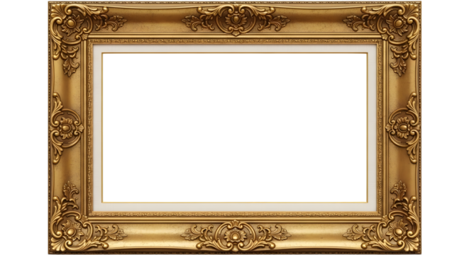 Ornate antique gold picture frame with decorative carvings and white mat isolated on a transparent background - Powered by Adobe