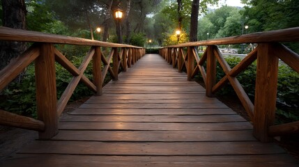 Serene wooden bridge path illuminated by warm lanterns at dusk winding through a tranquil park setting with lush greenery