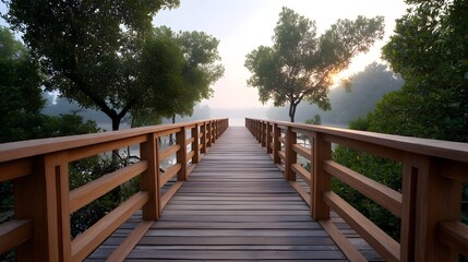 A serene wooden boardwalk winds through a misty mangrove forest bathed in the soft golden light of the early morning sunrise