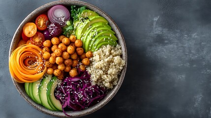 Fresh nutrient-rich Buddha bowl with quinoa, chickpeas, avocado, tomatoes, and mixed greens on dark backdrop for vegan food design, and nutrition, Bright vegan Buddha bowl on textured dark surface