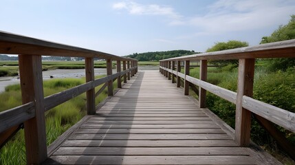 Obraz premium A wooden boardwalk with railings traverses a lush green marsh under a bright blue sky