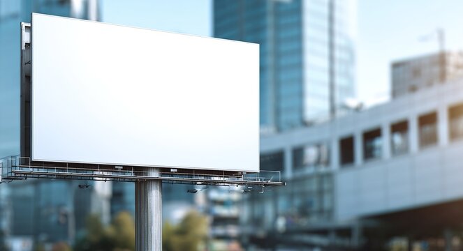 A large, blank, white billboard stands prominently against a blurred urban background with a building partially visible behind it. High quality