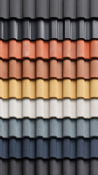 Colorful roofing tiles display showing variety of construction materials in multiple colors. Wave pattern roof samples including gray, orange, brown, yellow, white, blue options for building selection