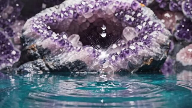 Sparkling water droplet over amethyst crystals