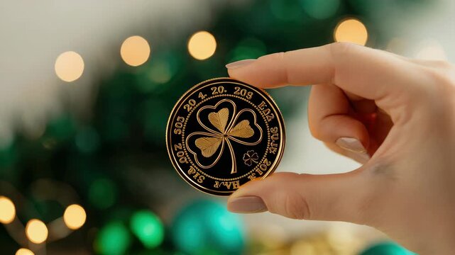 Hand holding coin with shamrocks, holiday lights in background
