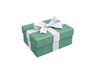 Green gift box with ribbon on isolated background.