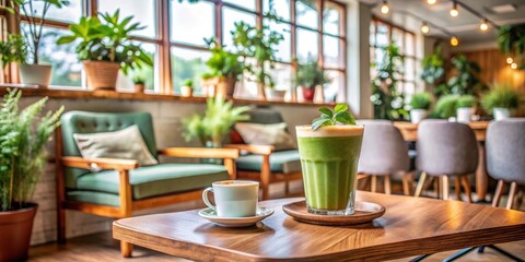 Fototapeta premium Relaxing Cafe Atmosphere with a Refreshing Green Drink and Coffee