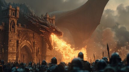 Epic fantasy battle scene with a dragon breathing fire upon the defenders of a medieval castle