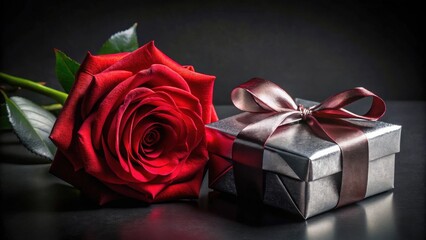Fototapeta premium A single red rose rests beside a beautifully wrapped present, a symbol of affection and thoughtful giving