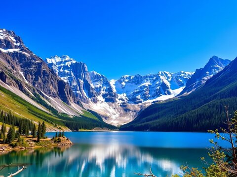 Snow-capped peaks pierce a clear blue sky above a serene alpine lake, reflection, tranquil - Powered by Adobe