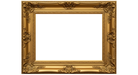 Ornate golden picture frame with intricate baroque style carvings isolated on a transparent background