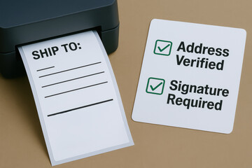 Shipping label printer with address verified and signature required signs for supply chain logistic process ensuring secure delivery