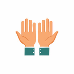 Fototapeta premium Two open palms raised upwards with teal cuffs symbolizing prayer supplication or welcome