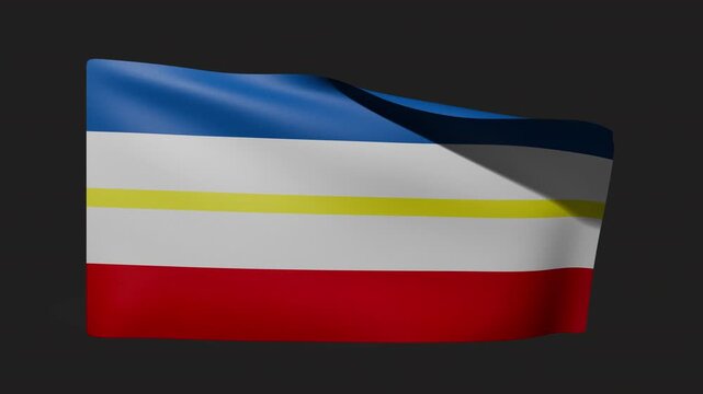 Mecklenburg-Vorpommern state flag with five stripes in blue, white, yellow, white, and blue waving on gray background. Realistic cloth motion. Ideal for regional identity and upcoming elections.