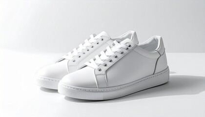 White low-top sneakers with minimalist design and subtle stitching on white background, clean and modern style.