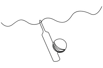 Single line art of cricket bat and ball with stumps continuous outline drawing isolated on white background
