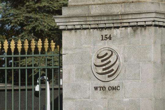 Geneva, Switzerland - november 04, 2025: sign and logo of the World Trade Organization (WTO) (WTO) headquartered in the Center William Rappard