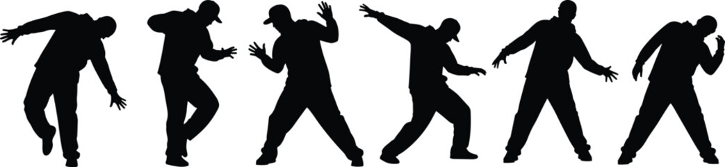 Black silhouette of a man in various dynamic dance poses dancer dancing