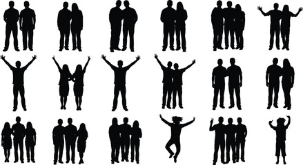 Diverse group of black vector silhouettes including couples, friends, and small crowds, depicting various standing, jumping, and celebrating poses with arms raised, ideal for design elements.