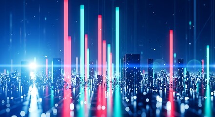 Abstract Cityscape with Glowing Data Streams Representing Technology and Innovation