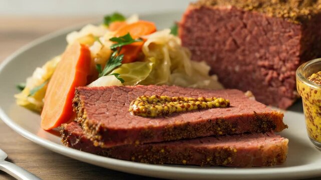 Slices of seasoned corned beef with mustard, carrots, and cabbage on plate