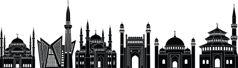 Collection of black silhouette Islamic mosque buildings with domes and minarets architecture