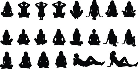 Mega Set of Diverse People Silhouettes Sitting, Resting, and Relaxing in Multiple Positions, Including Meditating, Yoga, and Casual Leisure Poses, Isolated Vector Collection.