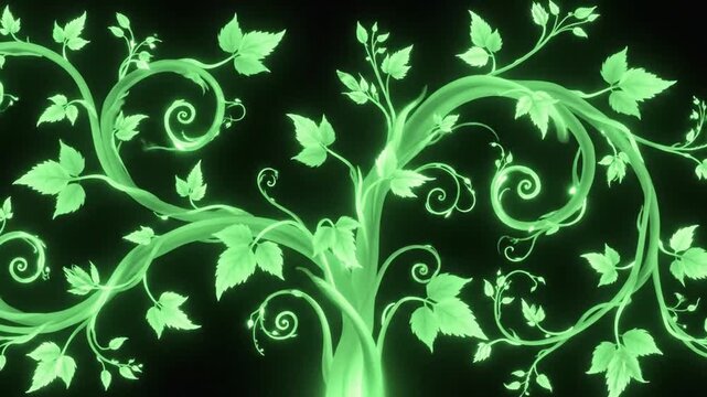 Luminous green vines unfurl in darkness